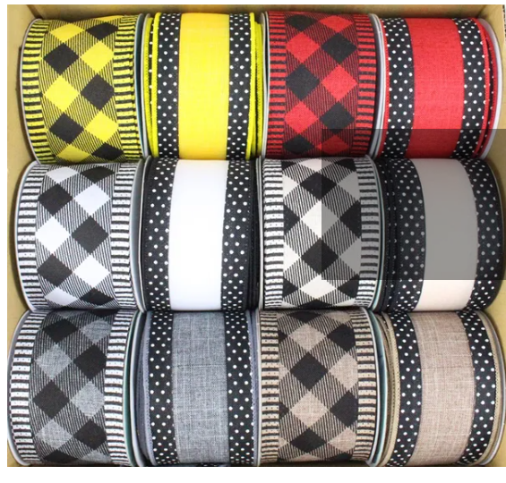 Ribbon Assortment Set of 12, 2.5” x 10 yards, Check Dot Border Assortm ...