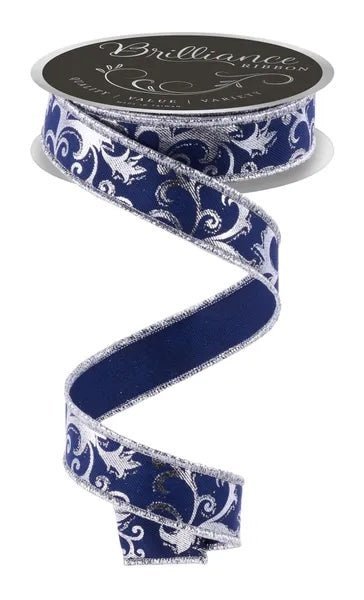 Navy Blue Silver Metallic Foil Swirl Leaf Ribbon