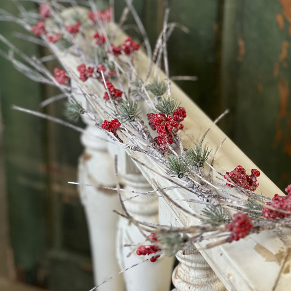  Birch Green Red Iridescent Glitter Birchwood Berry and Pine Garland 