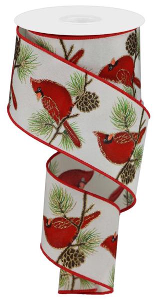 Cream Red Green Cardinal On Branch Ribbon