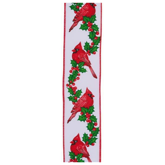 White Red Green Cardinal W/Holly Ribbon