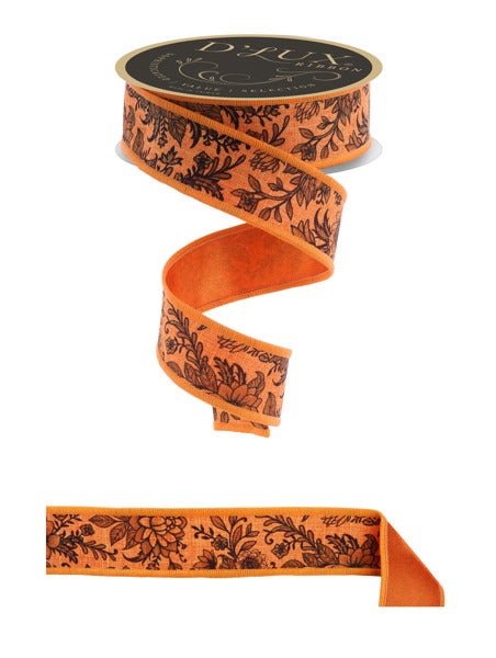Orange Grey Black Chinoiserie Floral Fused Ribbon
