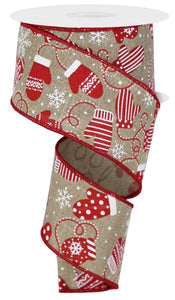 Light Beige Red White Christmas Mittens  Ribbon