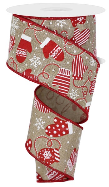 Light Beige Red White Christmas Mittens  Ribbon