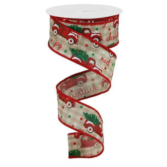 Beige Cream Red Green Christmas Trucks Check  Ribbon