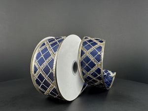 Navy Gold Cross Diagonal Stripe Metallic Edge Ribbon