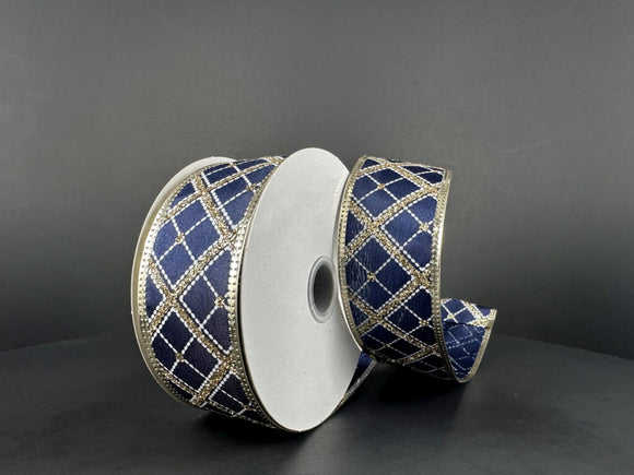 Navy Gold Cross Diagonal Stripe Metallic Edge Ribbon