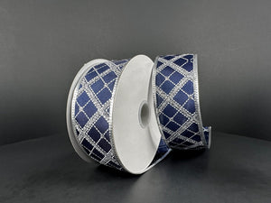 Navy Silver Cross Diagonal Stripe Metallic Edge Ribbon