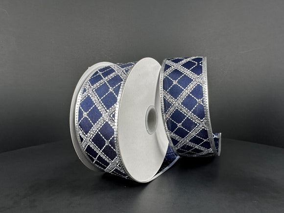 Navy Silver Cross Diagonal Stripe Metallic Edge Ribbon