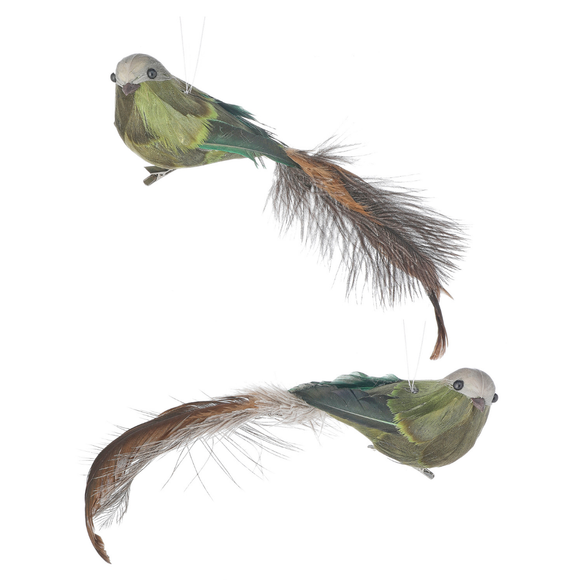 Brown Green Deer Valley Feather Bird Clip Ornament Two Assorted