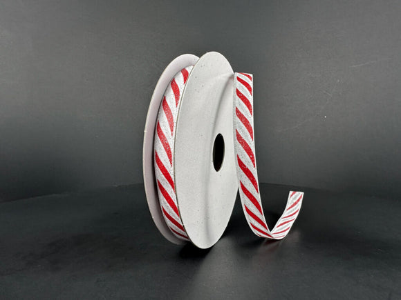 White Red  Diagonal Stripe Silver Glitter Ribbon
