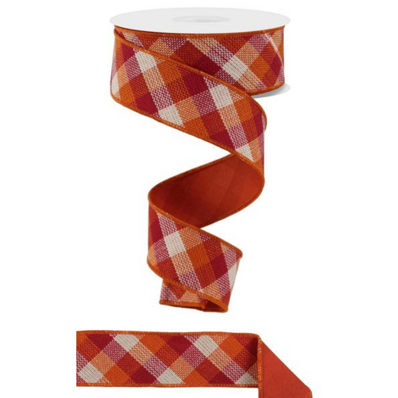 Burgundy Orange And Cream Diagonal Woven Check Ribbon