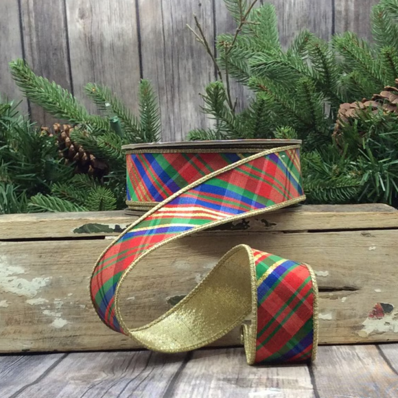 Roll of Red Green Blue Dupion Diagonal Yuletide Plaid Ribbon