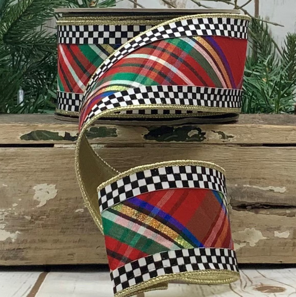Roll of Red Green Blue Dupion Nutcracker Plaid Check Edge Ribbon