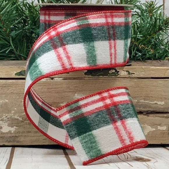 Roll of Green Red White Faux Wool Holiday Plaid Ribbon