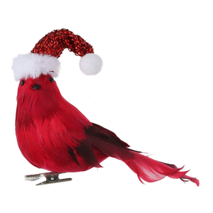 Red White Feather Cardinal With Glitter Santa Hat With Clip