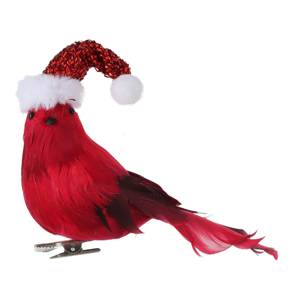 Red White Feather Cardinal With Glitter Santa Hat With Clip