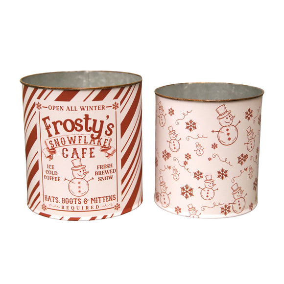 White holday buckets with red decorations