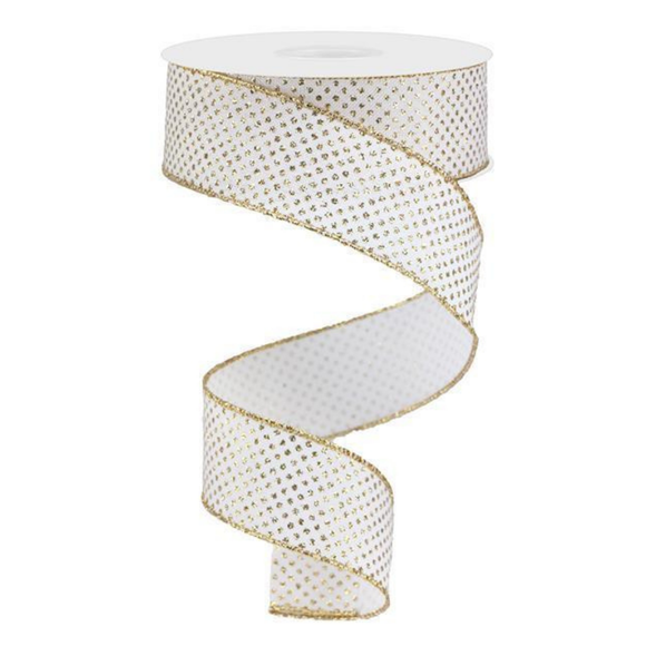 White Light Gold Glitter Micro Dot On Faux Royal Ribbon