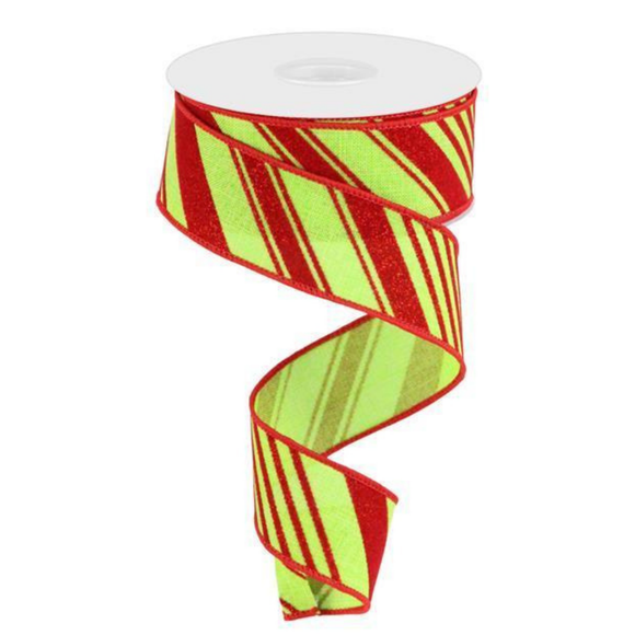Lime Green Red  Glitter Velvet Diagonal Stripes Ribbon