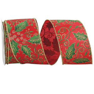 Red ribbon with holly leaves and swirls