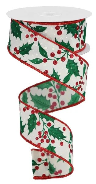 Cream Red Green Ivory Holly Leaves Berries Ribbon