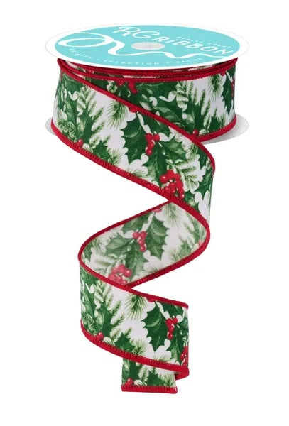 Ivory Red Green Holly Leaves Garland Ribbon