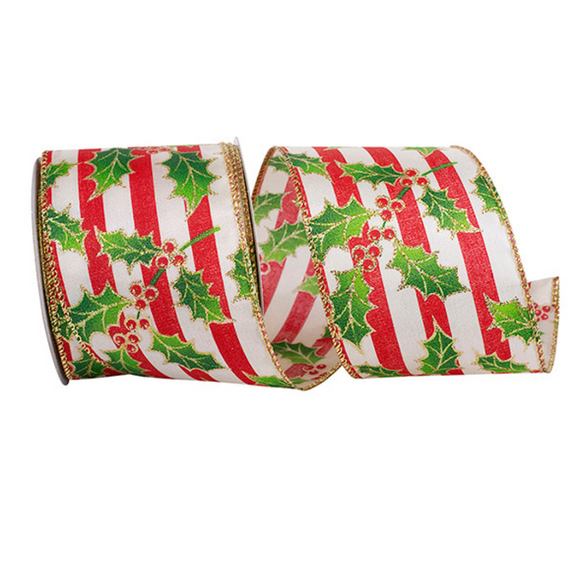 Red and white striped ribboon with holly leaves