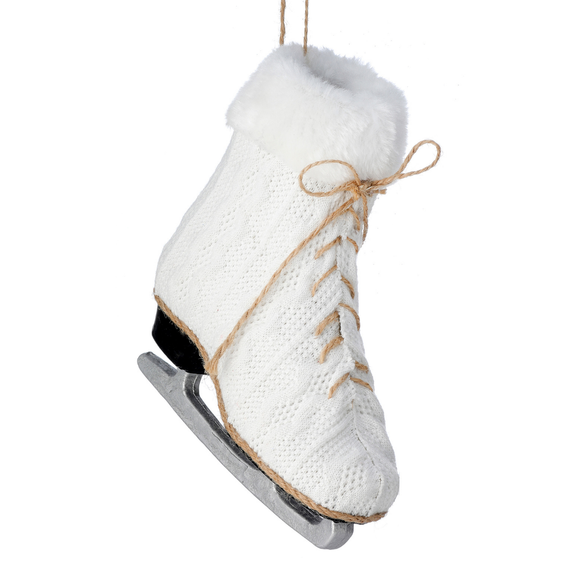 Cream White Knit Fabric And Fur Ice Skate Ornament
