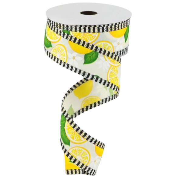 Cream Yellow and Green Lemon With Leaves and Flowers Ribbon