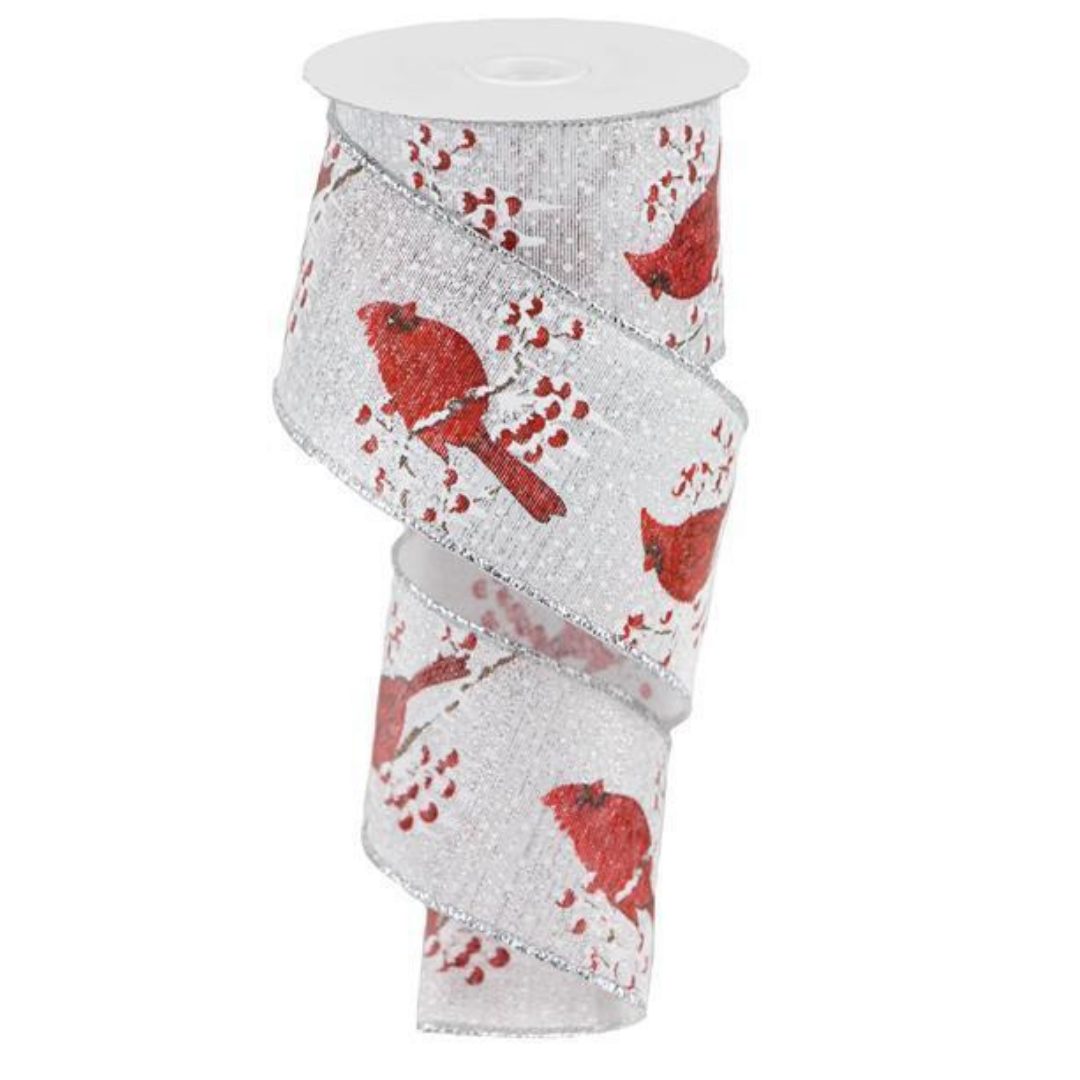 Metallic Cardinal Branches Berries Ribbon, 2.5