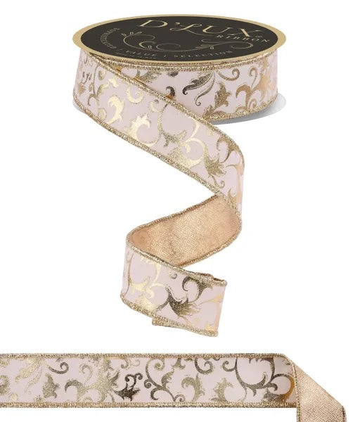 Ivory Gold Metallic Foil Swirl Leaf Fused Ribbon