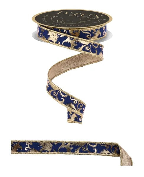Navy Blue Gold Metallic Foil Swirl Leaf Fused Ribbon