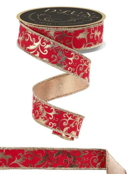 Red Gold Metallic Foil Swirl Leaf Fused Ribbon