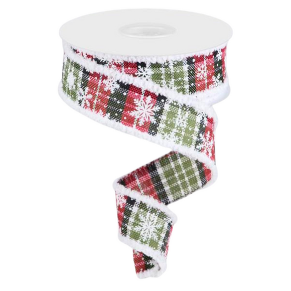 Red Black White Moss Green Mini Snowflake Plaid Drift Ribbon