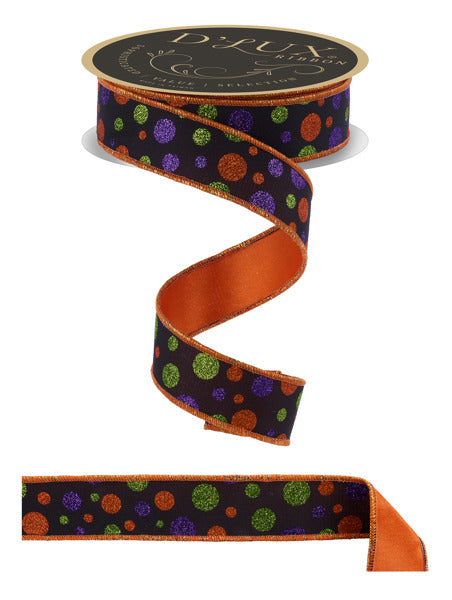 Black Purple Orange Lime Multi Polka Dot Fused Ribbon