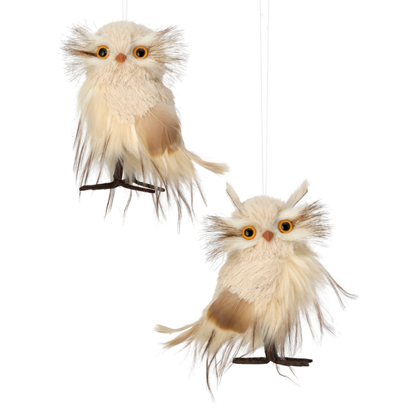 Natural Cream Natural Snow Owl Ornament Two Assorted