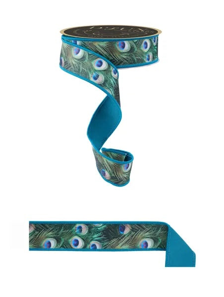 Green Blue Teal Peacock Feathers Fused Ribbon