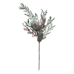 Red White Green and Brown Pine Berry Spray with Snow