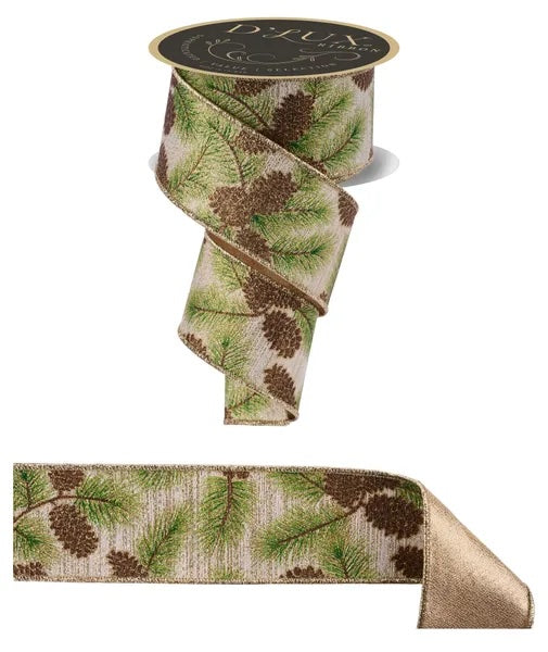 Ivory Green Brown Gold Pinecone Branches Fused Ribbon