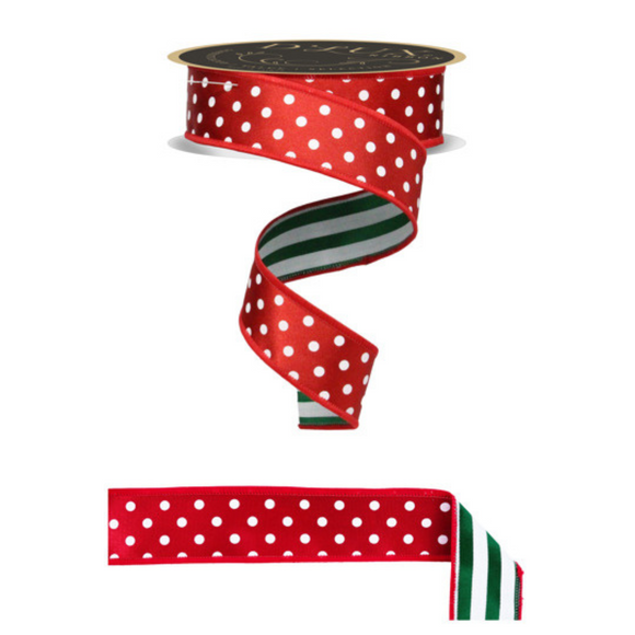 Red White Emerald Polka Dot Stripe Fused Ribbon