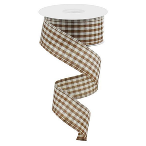 Brown Ivory Primitive Gingham Check Ribbon