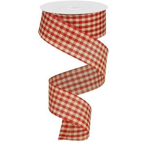 Red Beige Primitive Gingham Check Ribbon