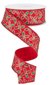 Red Emerald Gold Quatrefoil Petals Ribbon