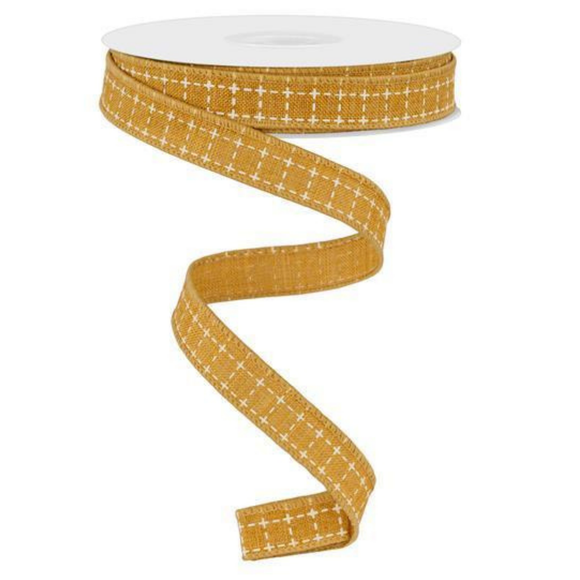 Dark Mustard Cream Raised Stitch Squares Ribbon