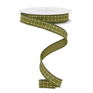 Moss Green Cream Raised Stitch Squares Ribbon