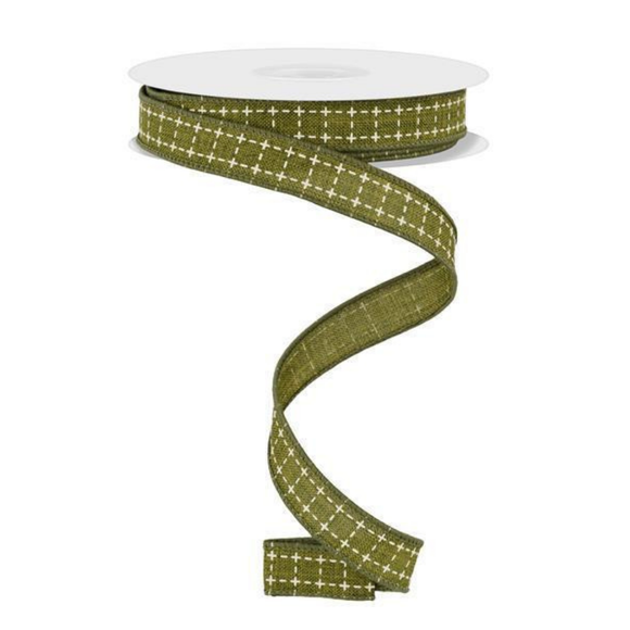 Moss Green Cream Raised Stitch Squares Ribbon
