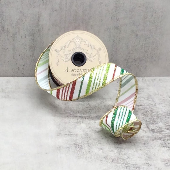Roll of Emerald Lime Red  Satin Glitter Stripes Ribbon