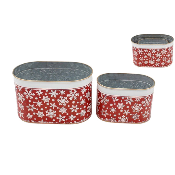 Oval red buckets with snowflakes on them