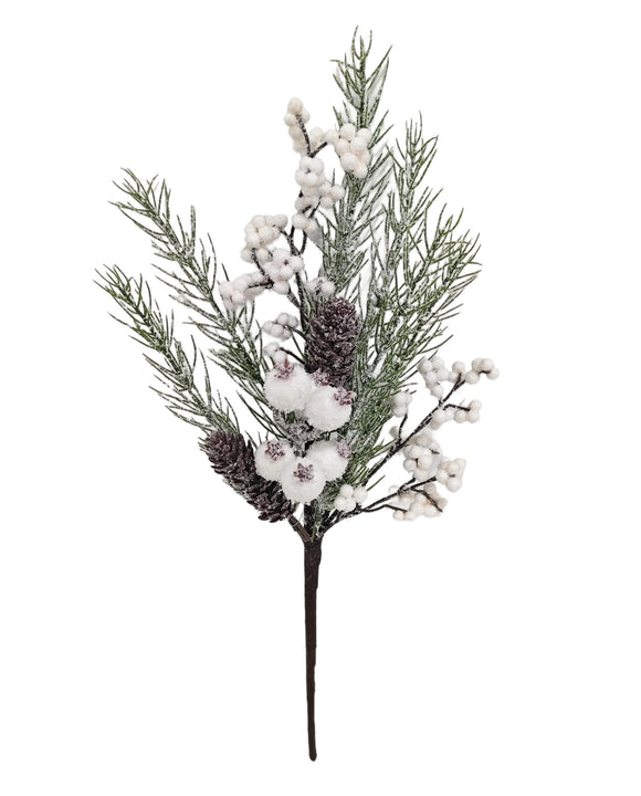  White Green Brown Snow Pine Berry Spray 